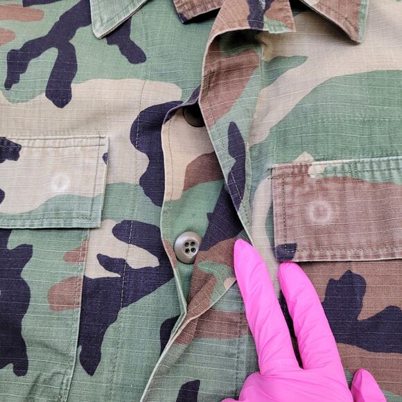 Vintage Woodland Camo Coat Jacket S/M 21x26 Blue Brown Black - Picture 13 of 16